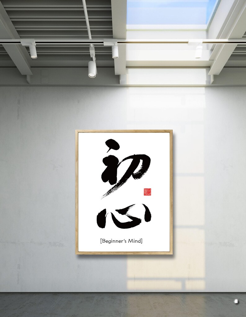 Pu&ograve; includere: Una stampa calligrafica in bianco e nero incorniciata dei caratteri giapponesi per "Beginner's Mind" con la traduzione inglese sotto. La stampa ha un sigillo rosso nell'angolo in alto a destra.