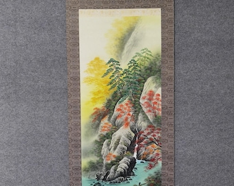 掛け軸 - ヴィンテージ 日本の墨絵 風景画 山の景色 掛軸 サイン入り