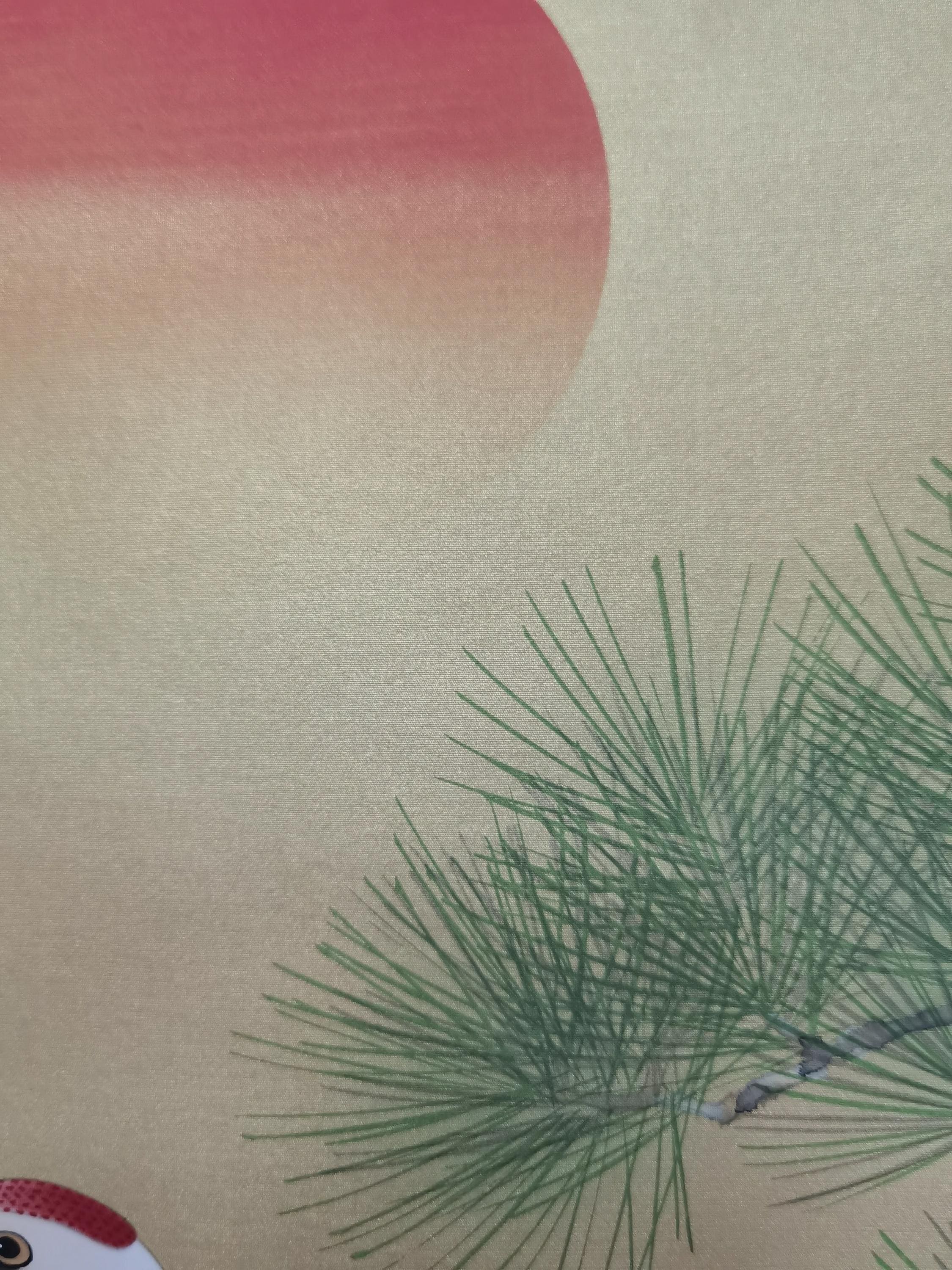 ヴィンテージ 日本の水墨画 巻物 長寿 鶴 赤い太陽 松の木 風景画 日本 