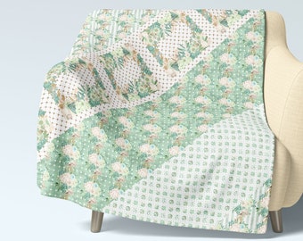 Mint Floral Garden Patchwork Pattern Cottagecore Soft Velveteen Plush Blanket