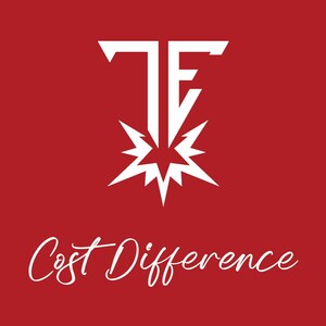 May include: A graphic logo on a solid red background featuring a white stylised monogram of the letters T and E positioned above a white starburst shape. Below the graphic, the text Cost Difference is written in a white cursive script font.