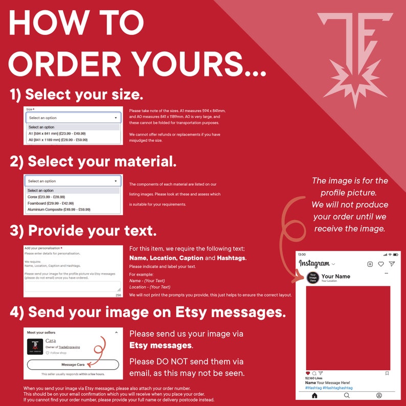 May include: Red graphic with instructions for ordering a custom product. Includes steps for size, material, text, and image submission via Etsy messages. Features an Instagram mockup and a seller's profile.
