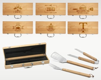 Personalised BBQ Tool Set Engraved Bamboo Grilling Gift Set in Wooden Case Best Unique Gift Idea for Fathers Day Grill Dad