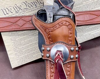 Paddle Rancher Cowboy Holster RH for Colt SAA 4 3/4 Hand Tooled Serpentine Border Slot Concho and Spots *In-Stock*