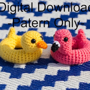 May include: Crochet patterns for a yellow duck and pink flamingo pool float. The pattern is a digital download, and the text "Digital Download - Pattern Only" is displayed above the image.