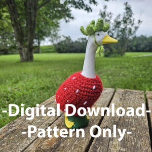 Puede incluir: Una figura de ganso de cer&aacute;mica que lleva un disfraz de fresa rojo tejido con detalles blancos y una corona de hojas verdes tejidas. El ganso tiene un pico amarillo y patas verdes y amarillas. El texto "Digital Download - Pattern Only-" es visible.
