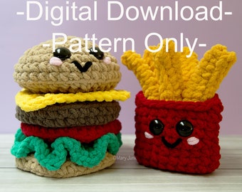 Crochet cheeseburger & french fries pattern duo - PDF DIGITAL DOWNLOAD -