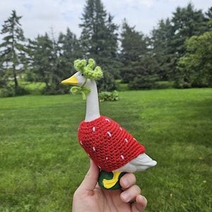 Puede incluir: Figura de ganso de cer&aacute;mica con un su&eacute;ter rojo con lunares blancos y un tocado de ganchillo verde. El ganso tiene un pico amarillo y est&aacute; posado sobre una base verde con detalles amarillos. El fondo es un campo de hierba y &aacute;rboles.
