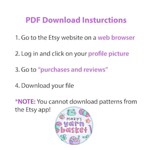 Puede incluir: Gr&aacute;fico blanco con instrucciones para descargar patrones PDF de Etsy. El texto incluye pasos como ir al sitio web de Etsy, iniciar sesi&oacute;n y descargar el archivo. Un colorido logotipo de Mary's Yarn Basket se encuentra en la parte inferior.