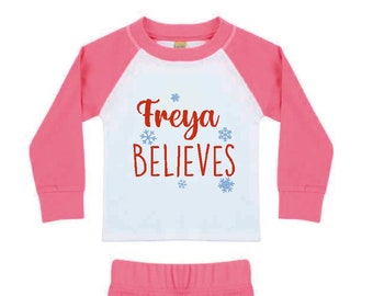 Children's Believes Christmas Personalised Pink/White Navy/White PJ'S Set Toddler Kids Festive Nightwear Christmas Eve Xmas pyjamas