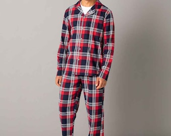 Men's  Flannel Tartan Lounge Set - Personalised Christmas Pyjamas red