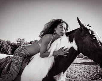 Pinto Horse Portrait: Woman, Nature Connection, Monochrome Art Print