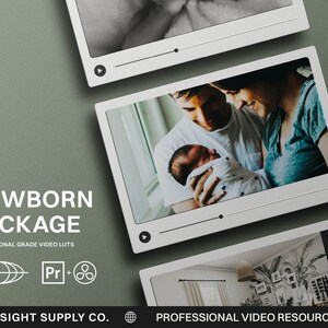 May include: A set of professional grade video LUTs for newborn photography. The image shows a family holding a newborn baby. The text "NEWBORN PACKAGE" and "PROFESSIONAL GRADE VIDEO LUTS" is displayed on the image.