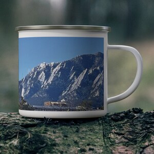 Camping mug with imagery of Boulder Colorado Flatirons, durable mug, unbreakable coffee mug, tea mug, gift idea, mountains