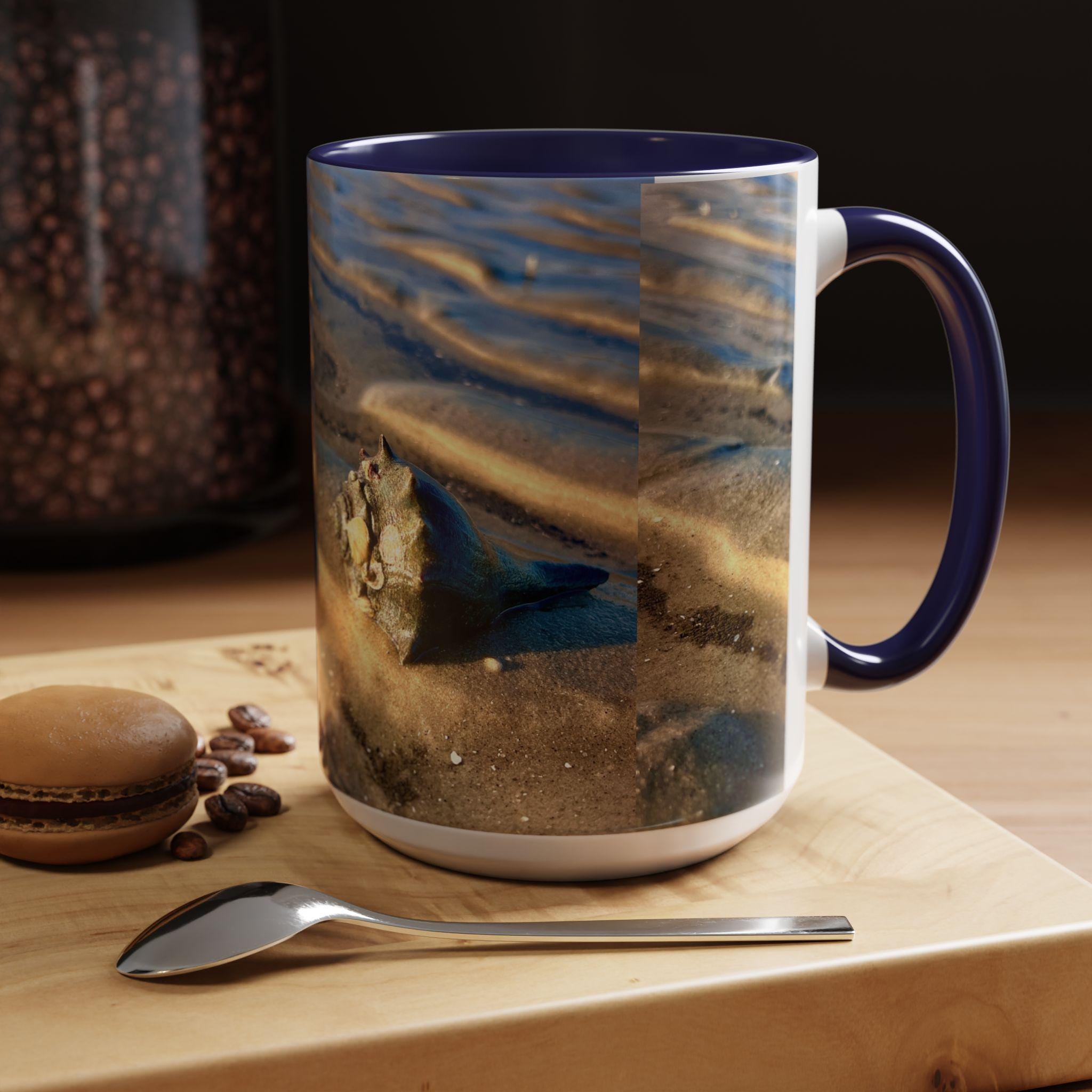 15 oz Coffee Mug with shell on the edge of the sandbar  -With Accent Color handle, favorite mug, beach, ocean, gift idea, Hilton Head Island