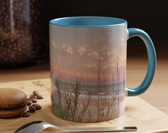 Ceramic Coffee Mug (15 ounces) with a color accent handle and interior, featuring Folly Field Beach dunes on Hilton Head Island at sunset,
