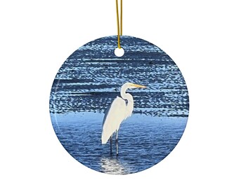Christmas Ornament, featuring a great white egret on the Hilton Head Island in the ocean.