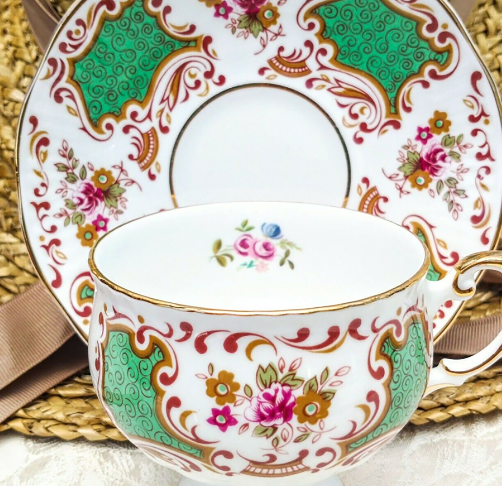 Vintage Handmade Footed Tea Cup and Saucer Set Green and Gold Panels Etsy