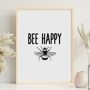bee happy print, bee lover wall art, bee hive print, bee theme nursery, honeybee print, gift for bee lovers, summer bee wall art, bee prints