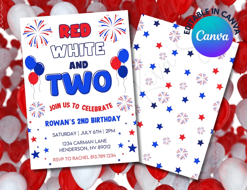 EDITABLE Red White and Two Birthday Invitation, 4th of July Invite ...