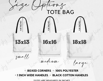 Tabla de tallas de bolsos AOP, tabla de tallas de maquetas de bolsos AOP, opciones de tallas de bolsos de lona, tabla de tallas de bolsos Printify, maqueta de bolso de lona de marca genérica AOP