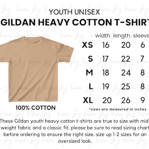 Gildan 5000B size chart, youth gildan sizing guide, 5000B mockup, youth gildan mock up, size chart, gildan mockup chart, kids gildan mockup