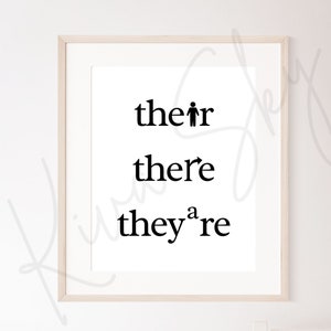Puede incluir: Impresión enmarcada con las palabras "their", "there" y "they're" en negrita negra. La palabra "their" incluye un pequeño icono de un hombrecito. La impresión está en un marco blanco.