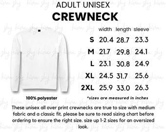 All Over Print Crewneck Size Chart, AOP adult Sweatshirt, Etsy Shop Size Guide, Print on Demand Seller Size chart, Printify Sizing guide