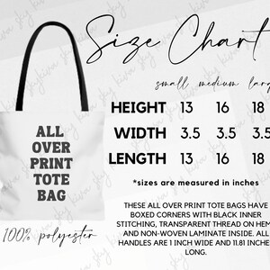 tote size chart, tote mockup, aop tote mock up, printify size chart, generic brand tote chart, size chart, tote color chart, bag mockup,