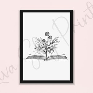 book lover wall art, library prints, gift for bookworms, wildflower art download , printable flower art, flower book, home office decor