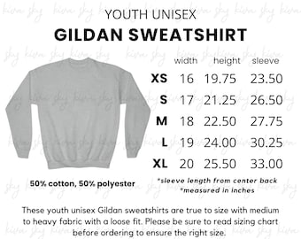 youth gildan sweatshirt mockup, youth sweatshirt size chart, kids mockup, kids fall crewneck mockup, gildan youth product listing info