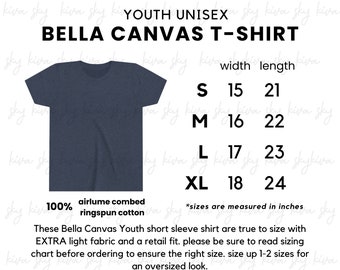 Youth Bella Canvas shirt, blank unisex size chart, youth size chart, kids tshirt mockup, 3001Y sizing chart, 3001Y mockup, 3001y flatlay