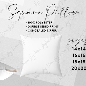 Square pillow mockup, pillow size chart, size chart, polyester pillow size chart, generic brand pillow mockup, printify size chart mock up,