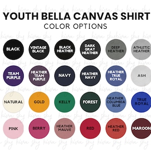 Bella Canvas 3001Y、カラーチャート、BC キッズ カラーチャート、キッズ T シャツ モックアップ、3001Y カラーチャート、ユース カラー ガイド、Bella Canvas キッズ モックアップ