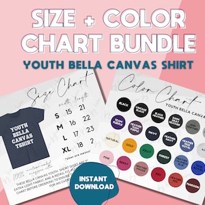 Bella Canvas size and color chart, 3001Y sizing guide, 3001Y mockup, youth size chart, Bella Canvas kids color chart, 3001Y flat lay mockup