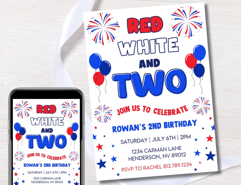 EDITABLE Red White and Two Birthday Invitation, 4th of July Invite ...