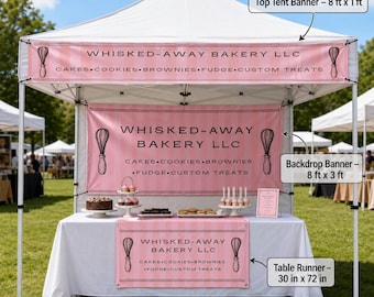May include: A white pop-up tent with a pink and white striped banner, backdrop, and table runner featuring the text Whisked-Away Bakery LLC, Cakes, Cookies, Brownies, Fudge, Custom Treats, and whisk illustrations. Includes 8 ft x 1 ft, 8 ft x 3 ft, and 30 in x 72 in labels.