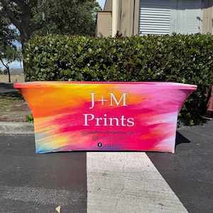 Custom Tablecloth 4ft, 6ft, 8ft, Stretched, Loose, Fitted, Printed in Full Color Dye Sublimation Print, MACHINE WASHABLE, Logo on all 5 side