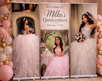 Quinceaña Banner Display 3 ENTHALTEN | Benutzerdefinierte einziehbare Hintergrund | Personalisieren Sie Quitte Willkommensschild | Sweet 15 Party Foto-Dekoration