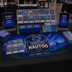 May include: A trading card game setup featuring a large blue playmat with a dragon logo and the text HAUTOO TCG TRADE COLLECT LEVEL UP. Includes a clear tiered display stand holding various trading cards in protective cases and blue storage boxes.