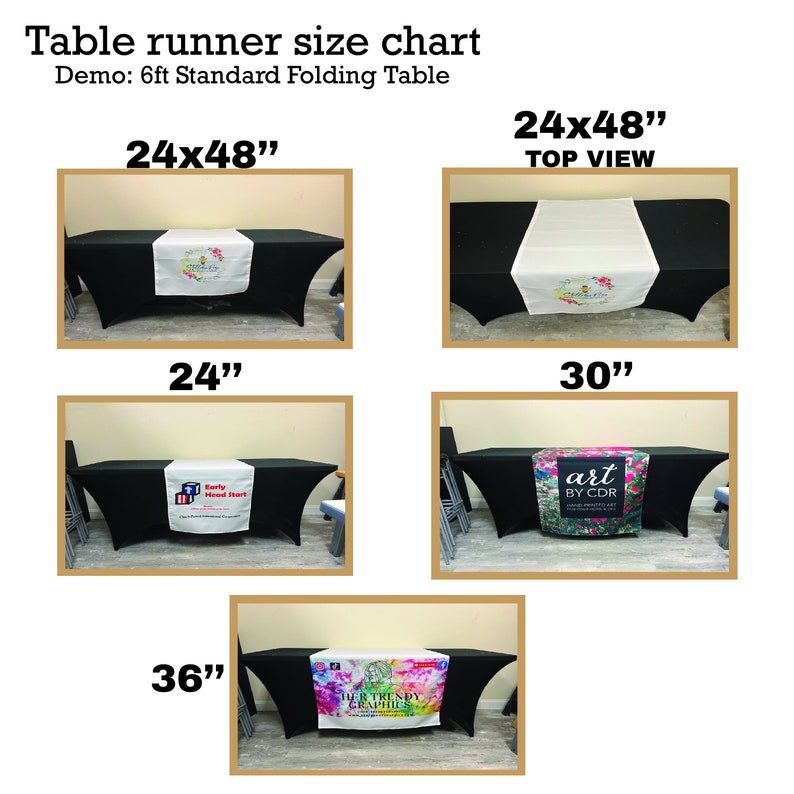 May include: A size chart for table runners, showing different lengths on a 6-foot standard folding table. The table runner sizes are 24 inches, 30 inches, and 36 inches. The table runner is shown in a top view and on the table. The table runner is black with a white design.