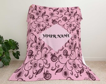 Personalized Blanket, Flower blanket , pink blanket add a your name,floral