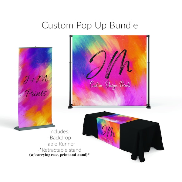 POP UP BUNDLE | Cheapest on Etsy, Comes with Retractable Banner, Backdrop, Table Runner | Pop Up shop, Package| Business event bundle