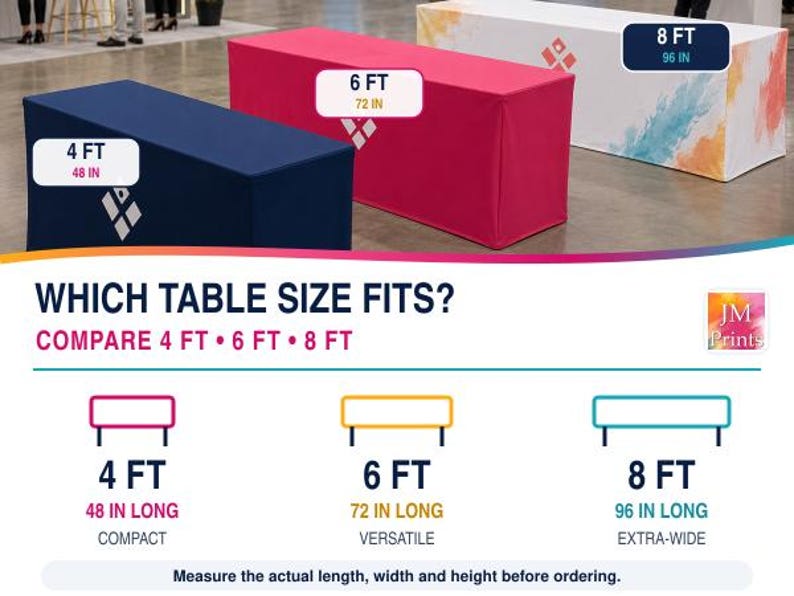 May include: Three rectangular table covers in navy blue, magenta, and a white multi-colored print. Labels indicate sizes of 4 ft (48 in), 6 ft (72 in), and 8 ft (96 in). Text includes 'WHICH TABLE SIZE FITS?' and 'Measure the actual length, width and height'.
