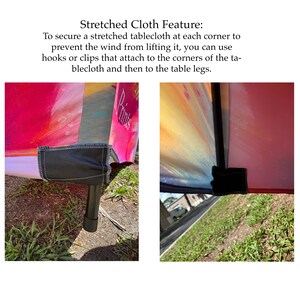 May include: A stretched tablecloth with a colorful abstract print featuring a black fabric corner pocket designed to secure the cloth to a table leg. The text reads: Stretched Cloth Feature: To secure a stretched tablecloth at each corner.