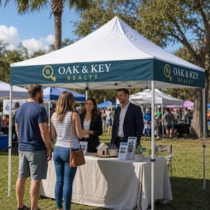 May include: A white pop-up canopy tent with a dark teal valance featuring the white text OAK & KEY REALTY and a gold key icon. The tent covers a table draped in a beige cloth, displaying a small house model and informational brochures.