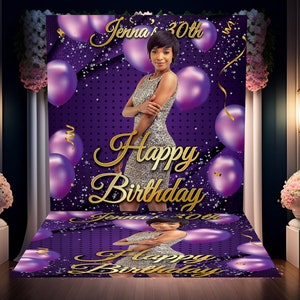 Fondo de cumpleaños con foto personalizada y calcomanía para piso: pancarta con globos morados, calcomanía para piso para fiesta de cumpleaños, paquete de pancarta con fondo de fiesta y calcomanía para piso
