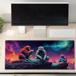 May include: A colorful mousepad with a galaxy background and three apes sitting on rocks. The apes are smoking and wearing colorful clothes.