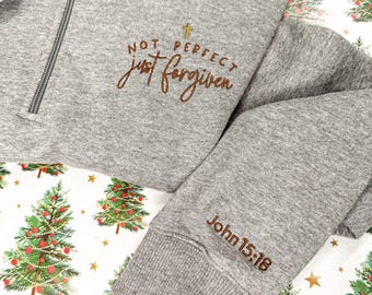 Not Perfect Just Forgiven Hoodie – Embroidered Christian Apparel, Custom Bible Verse Sleeve, Faith Hoodie, Inspirational Sweatshirt