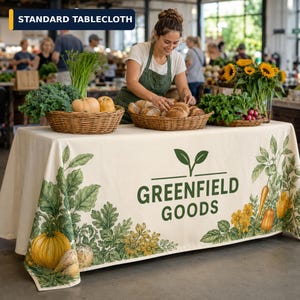 May include: A rectangular cream-colored tablecloth featuring a botanical print of green leaves, yellow flowers, and orange pumpkins along the bottom edge. The center displays the dark green text "GREENFIELD GOODS" above a small leaf icon.